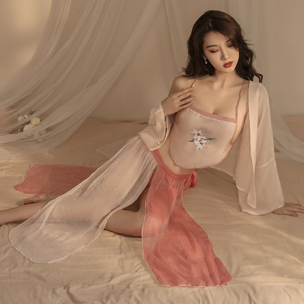 Chinese Traditional Doudou Lingerie - Sheer Chiffon Vintage Seductive Sleepwear Set, No-Remove Costume - dusty rose four-piece bedding set