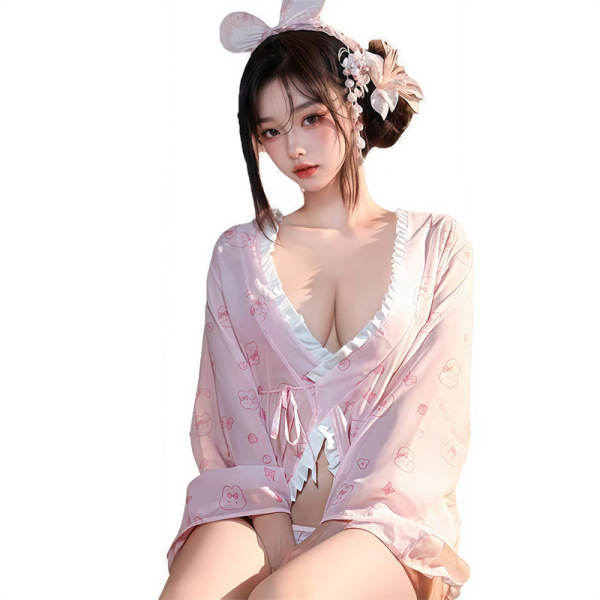 Japanese Kawaii Bunny Kimono Robe - Sexy Lace Sleepwear with Bow & Floral Print, Pure & Alluring Lingerie Set - Pink bunny uniform + bunny headband
