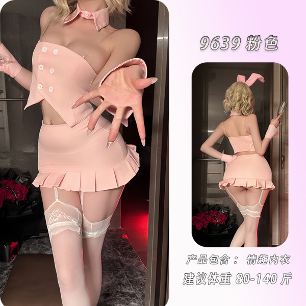 Night-Silk Sensual Bunny Girl Lingerie Set - Modest Yet Sexy Sleepwear Outfit for Women - Pink bunny girl uniform + matching lace suspender stockings