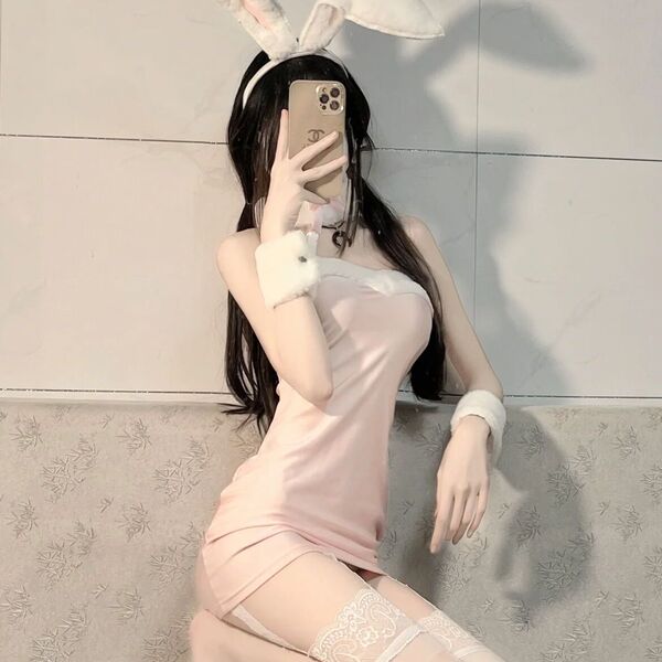 Rabbit Girl Costume Set - Plush Bunny Lingerie Outfit with Fluffy Tail & Skirt for Cosplay & Role Play - Pink Bunny Girl [Ears, Necklace, Bracelet, Skirt]