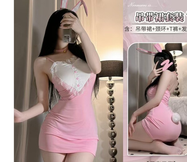Domeilado Sexy Sheer Lace Bunny Girl Apron Costume - Seductive Role Play Outfit with Underwire Bra - Pink Bunny Girl [Ears, Necklace, Bracelet, Skirt]