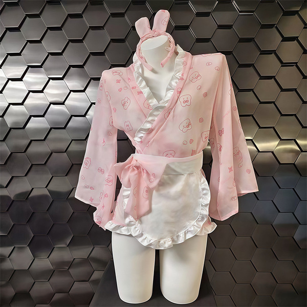 Japanese Kawaii Bunny Kimono Robe - Sexy Lace Sleepwear with Bow & Floral Print, Pure & Alluring Lingerie Set - Pink Bunny Maid