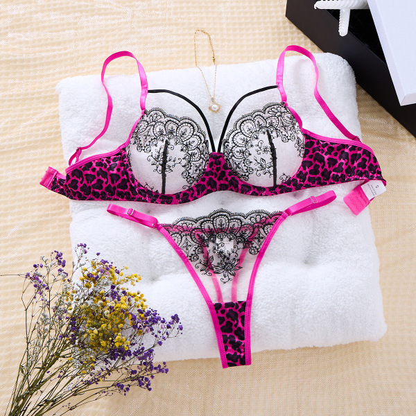 Leopard Print Sexy Lingerie Set - Sheer Mesh Pure & Sensual Bra and Panty Set for Women - Rose Red