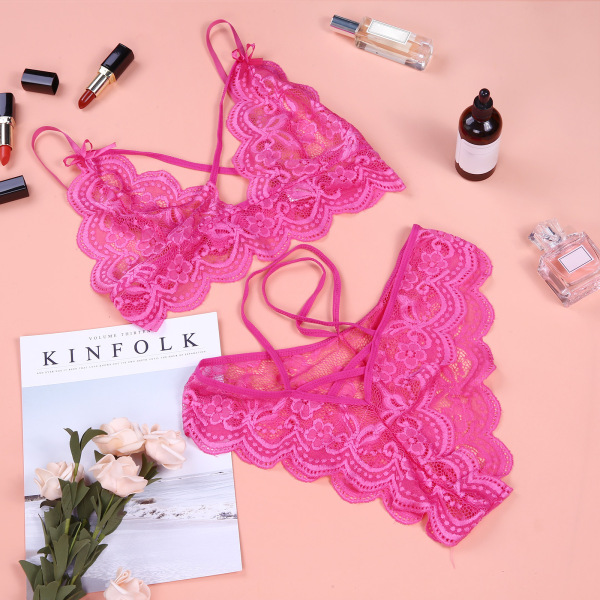 Sexy Lace Bra and Panty Set - Three-Point Erotic Lingerie for Women, Plus Size Sleepwear & Intimate Apparel - Rose Red