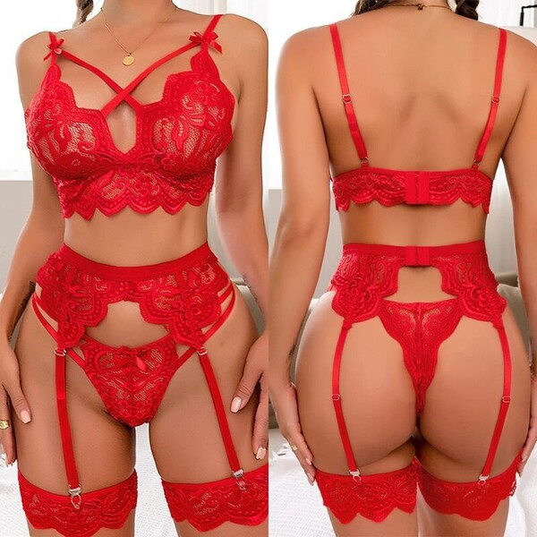 Sexy Lace Lingerie Set for Women – Sheer Transparent Matching Bra & Panty Collection, Multi-Color Temptation Outfit - Rose red
