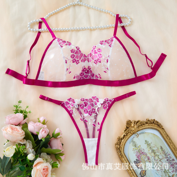 INS Style Romantic Floral Lace Sexy Bra Set - Sheer Mesh Plus Size Erotic Lingerie Outfit - Rose red