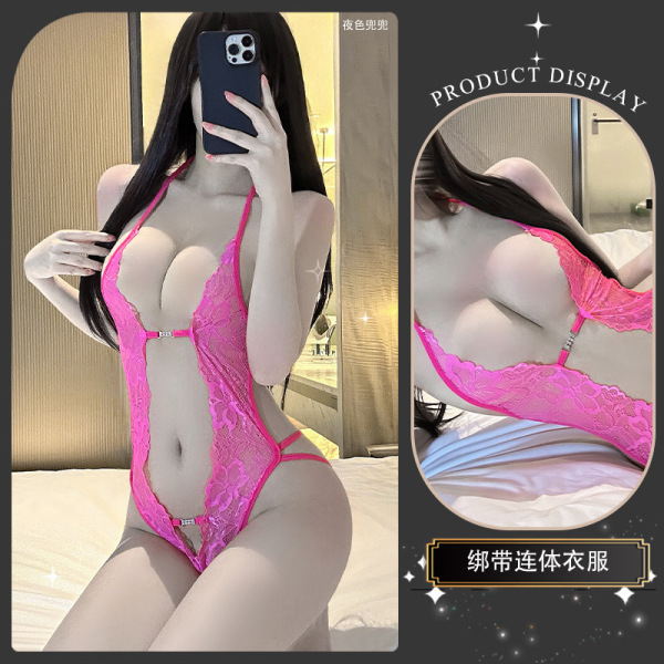 Sexy Lace Bodysuit with Open-Crotch Design - Seductive Sheer Mesh Sleepwear & Costume Set - Rose Red