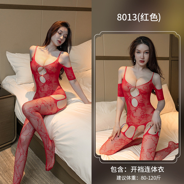 Night Desire Lace Bodysuit for Women - Seductive Open-Crotch Fishnet Stockings & Mesh One-Piece Lingerie Set - Rose red