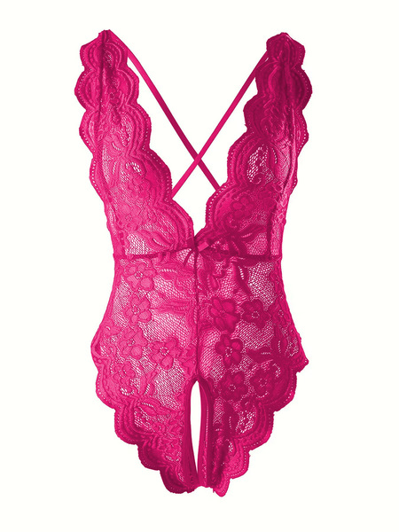 Sexy Backless Lace Bodysuit for Women -European and American Style Open-Crotch Halter Tie-Up Jumpsuit, Wholesale Erotic - Rose red