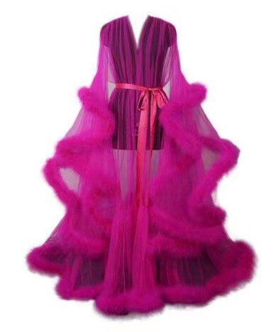 Sexy Feather Sheer Nightgown -European and American Style Long Sleeve Lace Trim Sleep Dress with Flared Sleeves & Train - Rose red