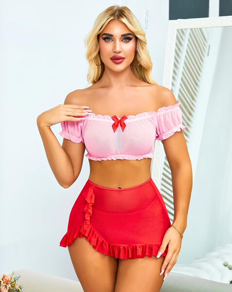 Amazon Best-Selling Sexy Lace Sleepwear Set for Women – Off-Shoulder Sheer Mesh Two-Piece Nightwear, Plus Size - Pink top + bright red pants