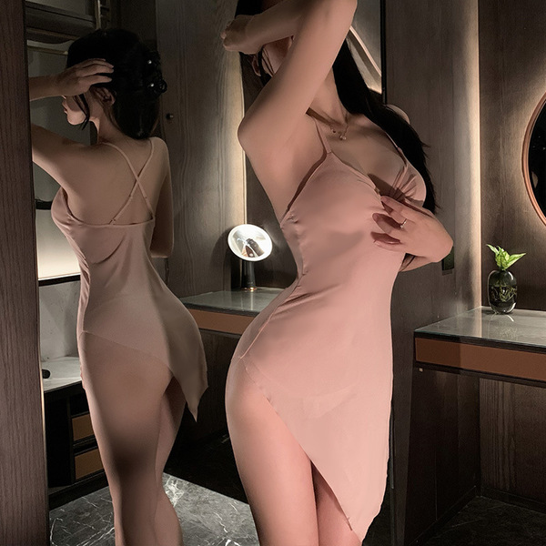 Feitiyu Seductive Lingerie Dress - Sweet & Spicy Sheer Lace Slip Dress with Crisscross Back, Sexy Transparent Nightwear - Pink sexy long dress + T-shirt