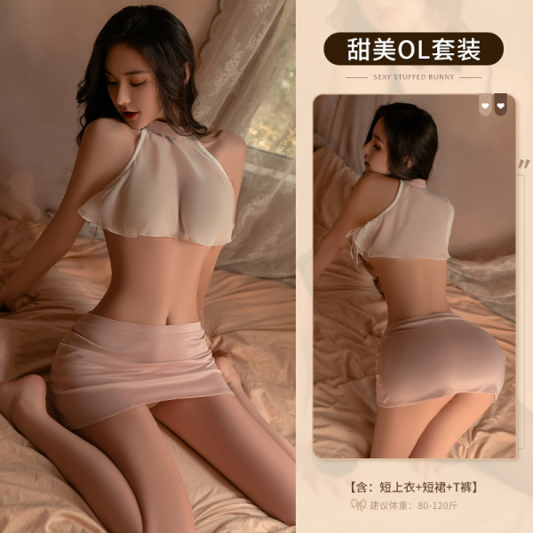 Mannyan Sexy Lace Bodysuit Set - Sheer Off-Shoulder High-Waisted Mini Skirt & Bralette Outfit for Women - 6921183344245 Pink [Short skirt + short top + T-shirt]