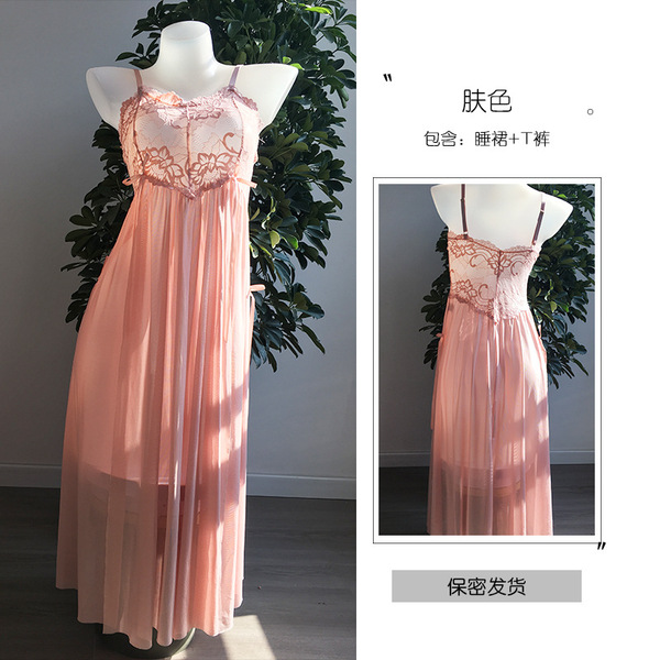 Women's Sexy Lace Mesh Sleep Dress with Open Chest & High Slit – Elegant Sheer Slip Gown - Pinkish skin tone