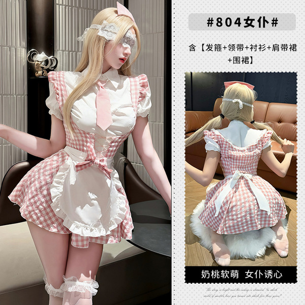 Xianyi Seductive Lingerie Set - Elegant Maid Costume Cosplay Outfit for Date Night & Role Play - Pink (top + skirt + apron + headband) + W6 white + P4 white + P52 white