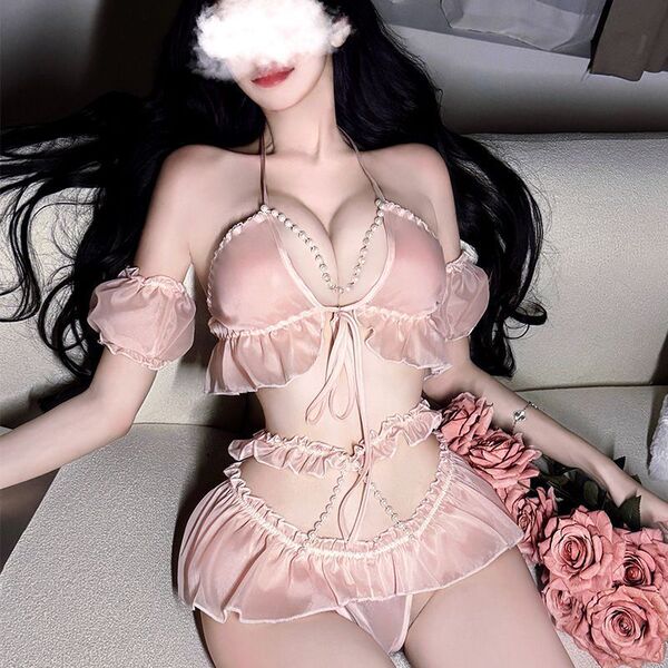 Sexy Pink Maid Costume Set - Pearl-Embellished Strapless Bodycon Sleep Dress & Lingerie Outfit - Pink (top + mini skirt) + matching socks