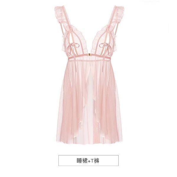 Luxury Lace Sleepwear for Women – Sheer Sexy Satin Slip Dress with Built-In Support, Summer Thin Sensual Nightgown - Pink nightgown + T-shirt