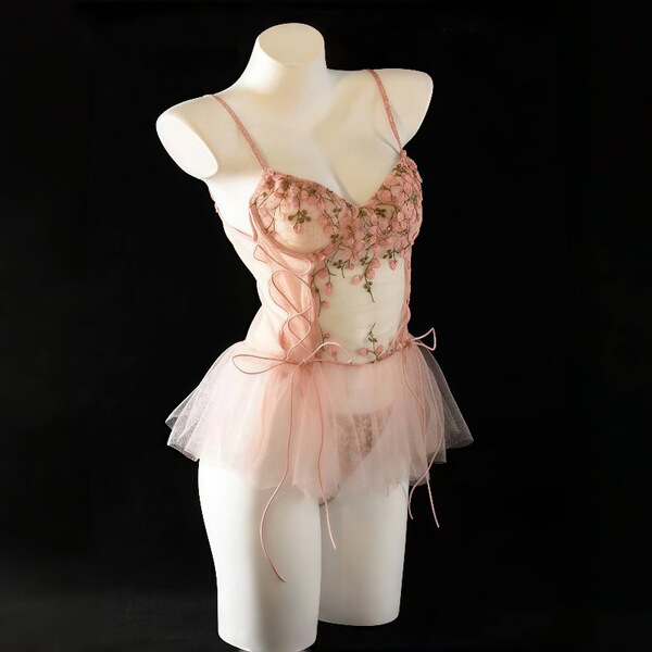 Plus Size Lace Sleep Dress with Built-in Pads - Flirty Floral Nightgown & Seductive Matching Set for Women - Pink nightgown + T-shirt