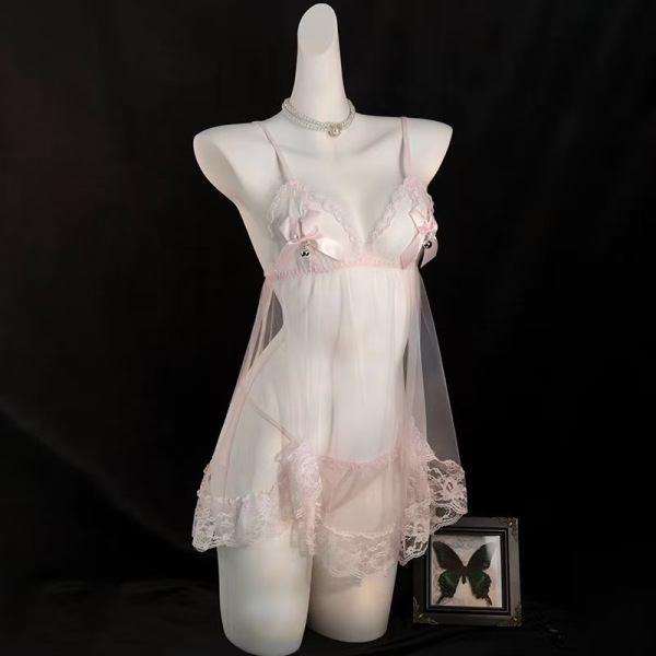 Sexy Pure-Desire Lace Bodysuit - Sheer Mesh Cami with Butterfly Cutouts & Floral Lace Trim - Pink nightgown + T-shirt