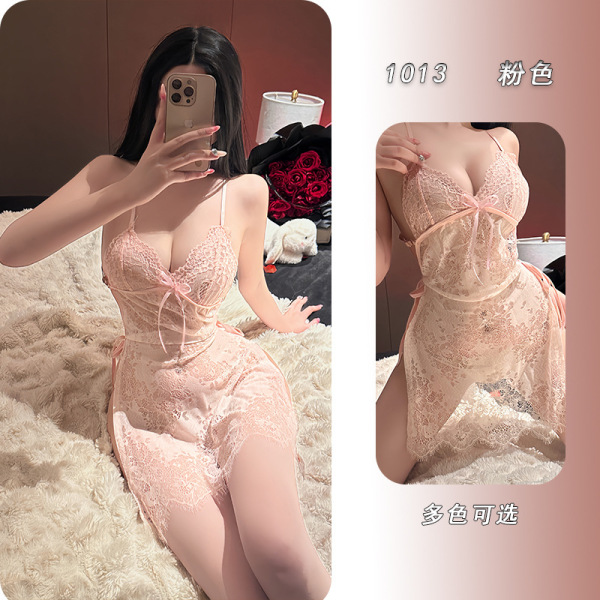 Yeyu Lace Babydoll Nightgown - Sexy Sheer Strap Dress with Ties, Elegant Lingerie Set for Women - Pink + stockings