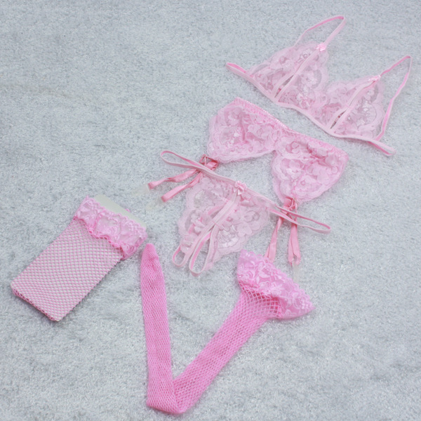 Suoqing Sexy Lace Lingerie Set for Women – Transparent Open-Crotch Thong & Peekaboo Bra Top 3-Piece Outfit - Pink + Fishnet Stockings