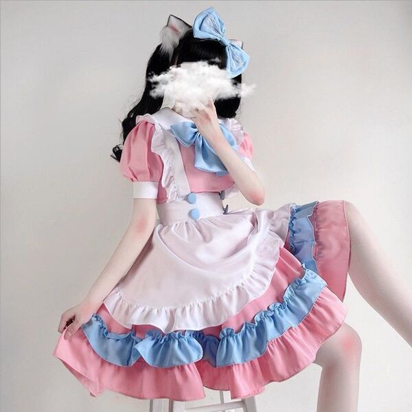 Maid Costume Cosplay Dress - Japanese Lolita Student Uniform, Plus Size Anime Role Play Outfit - Pink suit + stockings