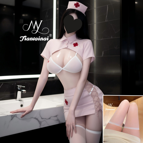 Sexy Nurse Costume Set - Lace Tie-Up Bodycon Skirt & Seductive Sleepwear for Women - Pink suit + white stockings
