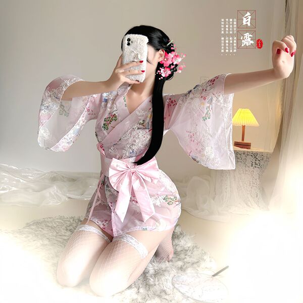 Japanese-Style Sexy Lace Kimono Robe Set – Sheer Chiffon 3-Piece Erotic Lingerie Outfit for Women - Light pink suit + white stockings