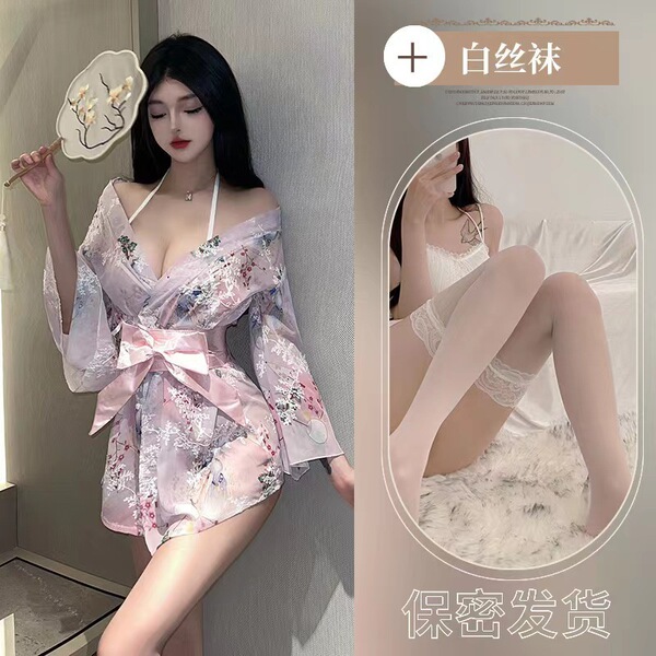 Japanese-Style Sexy Lace Kimono Robe Set - Sheer Chiffon 3-Piece Outfit with Floral Embroidery for Women - Light pink suit + white stockings