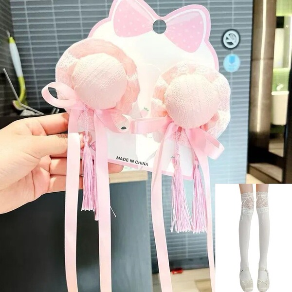 Sweet Lolita Maid Dress Set - Botanical Herbal Apothecary Cosplay Outfit for Women - Pink tassel hair bun + white over-the-knee socks (original price)