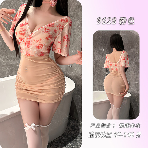 NightSigh NightSigh Sexy Lingerie Set – Sheer Deep V Floral Rose Mesh Bodycon Mini Dress, Pure-Allure Uniform Style - Pink [Sheer Bodycon Skirt + Choker + Thong]