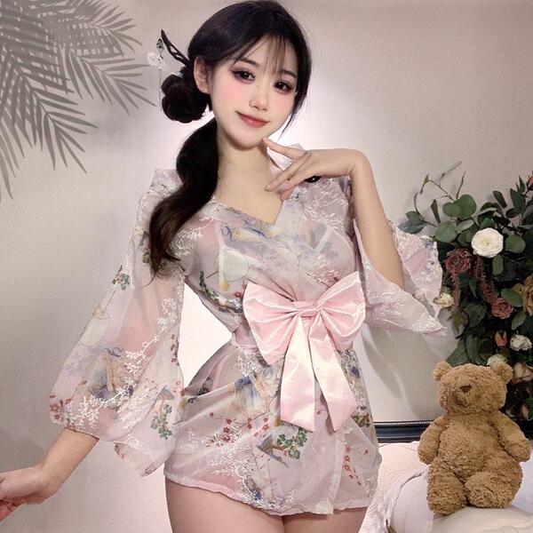 Japanese-Style Couples Pajama Set - Matching Kimono Sleepwear for Couples, Playful Bedroom Outfit - Pink [inner layer + outer robe + belt] + white lace stockings