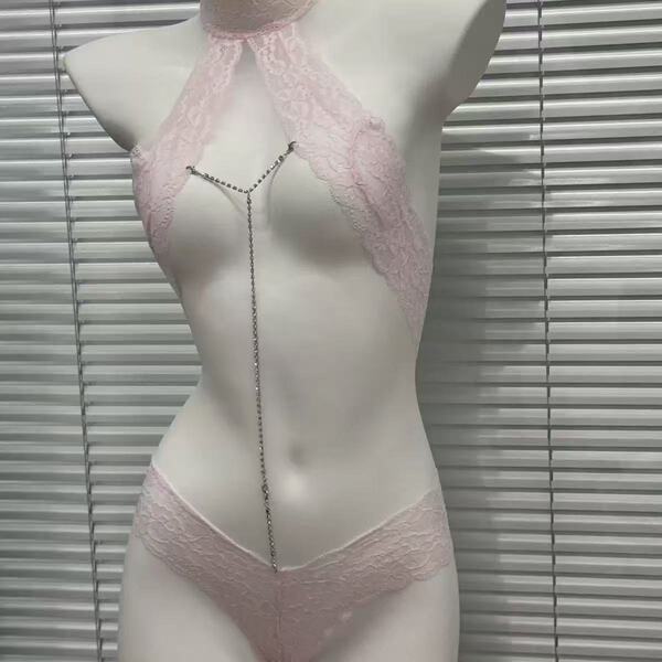 Mannyqing Lace Bodysuit with Detachable Rhinestones - Sexy Strapless Mesh Chemise for Women, One Size - Pink (socks not included)