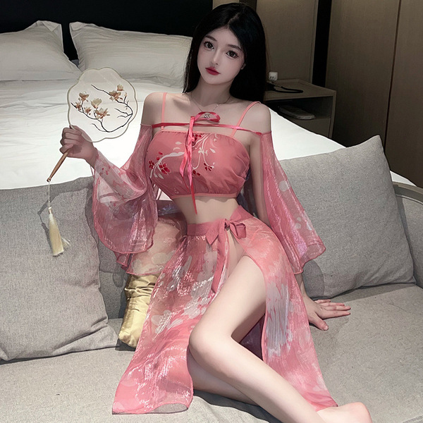 Original Chinese-Inspired Lingerie Set for Women – Seductive Hanfu-Style Sleepwear with Cherry Blossom Design - Pink [Bodyband + Skirt + T-shirt + Outerwear]