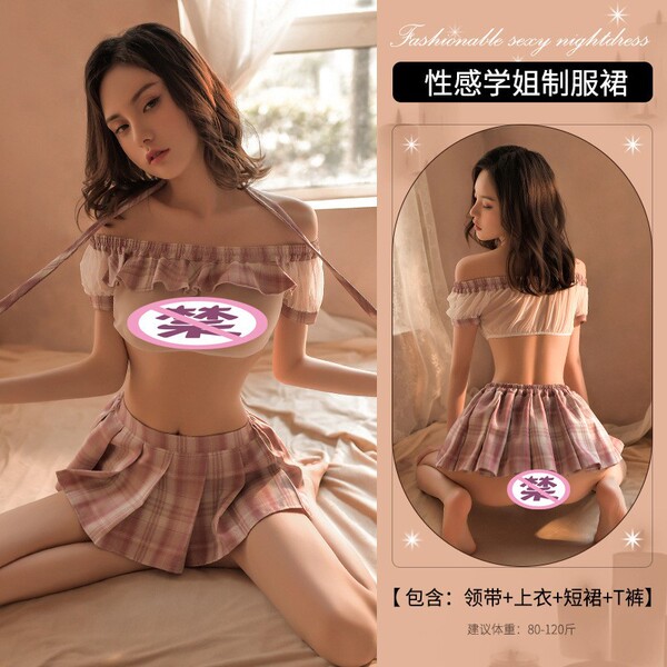 Mannyan Sexy Lace Crop Top & Sheer Pleated Skirt Set - One-Shoulder School Uniform Style Outfit for Women - Pink [Tie + Top + Skirt + T-shirt]