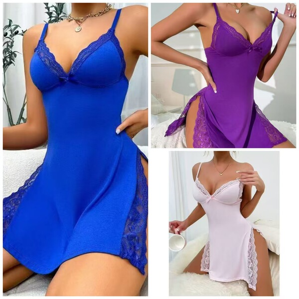 Butterfly Knot Split Slit Cami Sleep Dress – Sexy Lingerie-Inspired Pure & Tempting Nightwear for Women - Pink + Purple + Blue
