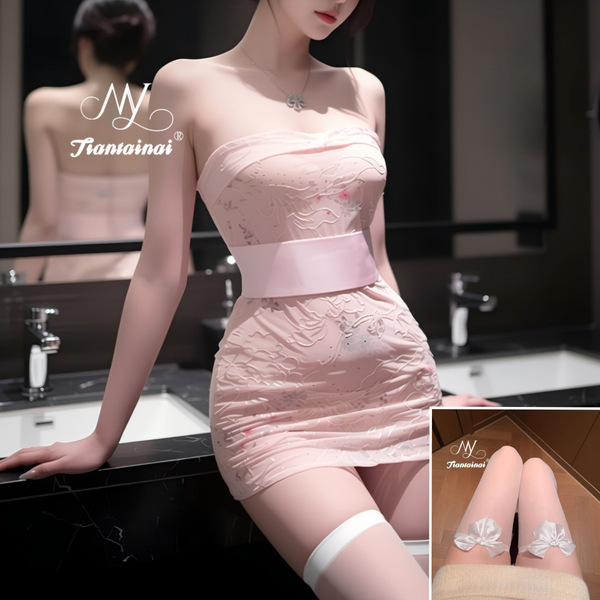 Lace Embroidered Kimono-Style Sheer Bodysuit Set - Sexy Wrap Dress & Bodycon Outfit for Women - Light pink and white bow stockings