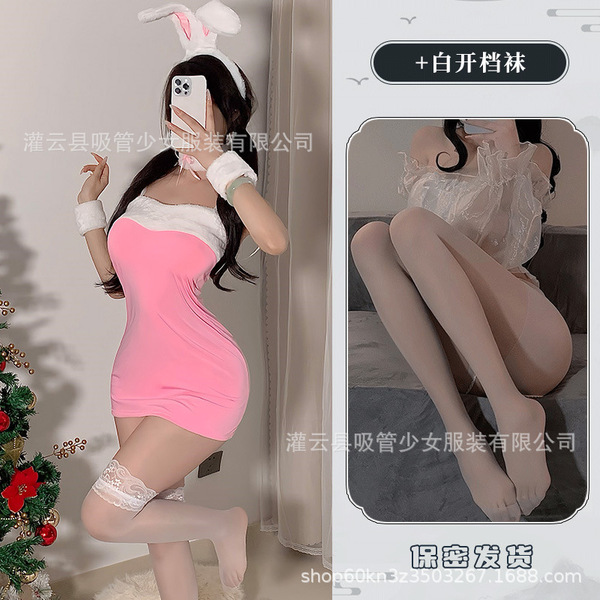 Cute Bunny Girl Costume - Sexy Christmas Outfit, Red Bodycon Mini Dress with Straw Hat & Bow - Pink suit + white open-crotch socks