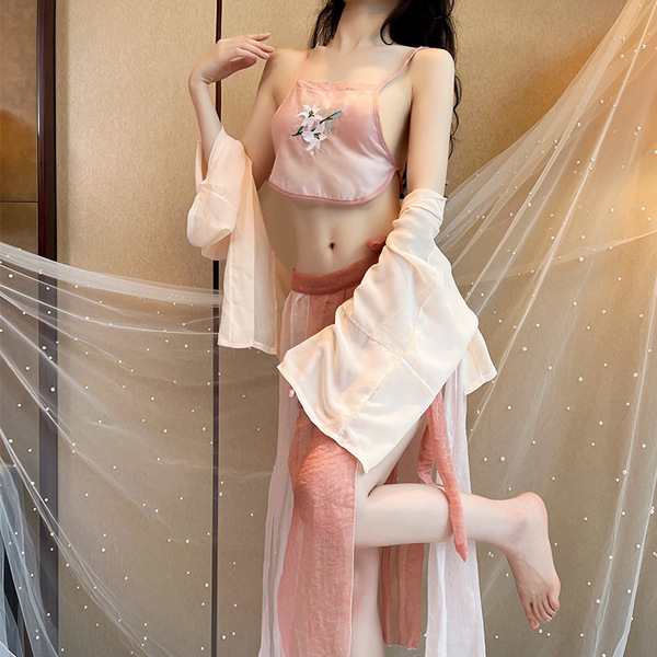 Ancient Chinese Lingerie Set - Sexy Hanfu Sleepwear with Embroidery, Busty Bodysuit & Flirty Belly Dance Costume - Light pink + white open crotch socks