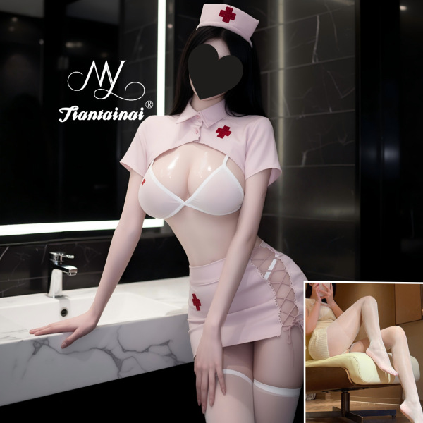 Sexy Nurse Costume Set - Lace Tie-Up Bodycon Skirt & Seductive Sleepwear for Women - Pink suit + white open crotch