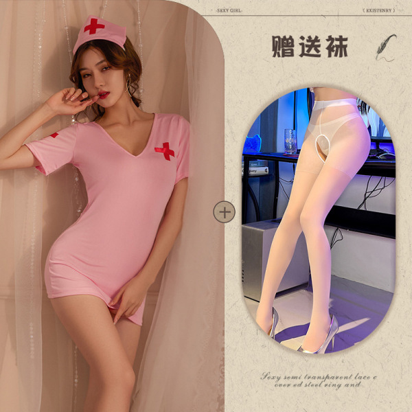 Sexy Nurse Costume Set - Backless Grid Lace Lingerie Outfit for Role Play & Adult Fun - Pink suit + white open-crotch socks