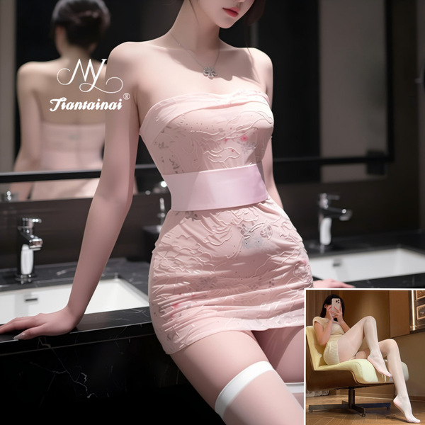 Lace Embroidered Kimono-Style Sheer Bodysuit Set - Sexy Wrap Dress & Bodycon Outfit for Women - Light pink + white open crotch