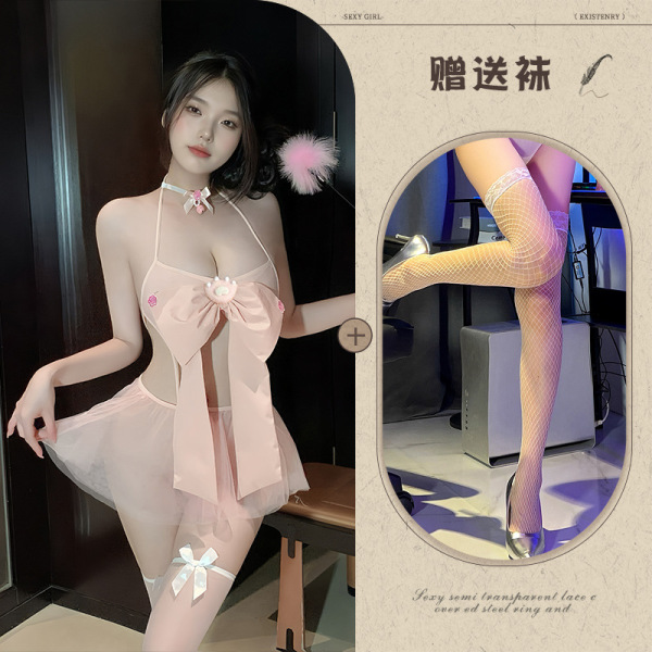 Qingran Pink Bow Three-Piece Lingerie Set - Sheer Mesh Pure & Tempting No-Remove Outfit - Pink and white fishnet stockings