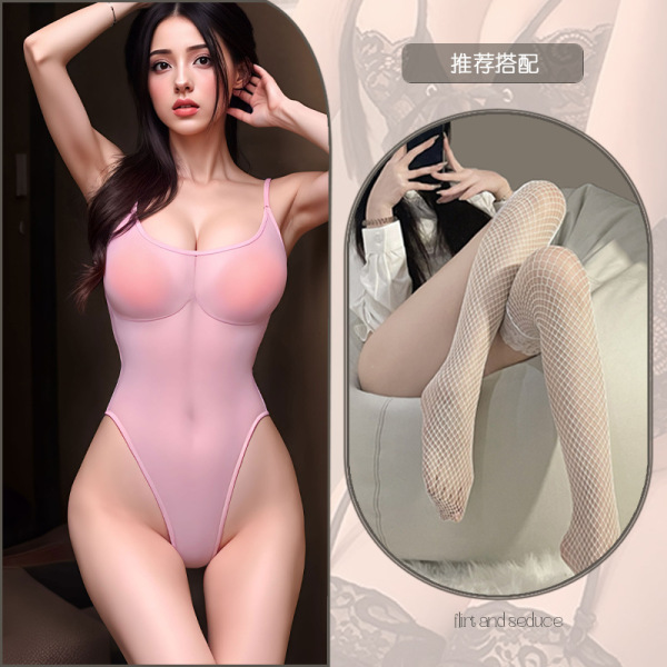 Japanese-Style Sexy Bikini Set - Flirty Open-Crotch Swimwear for Women, Pure Temptation Lingerie - Pink and white fishnet stockings