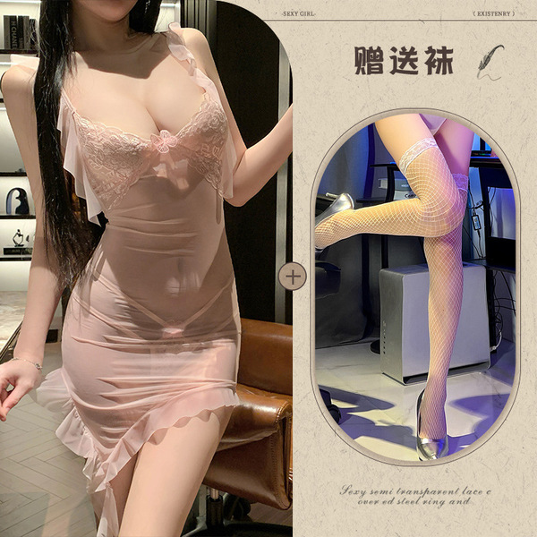 Mannyqing Plus Size Sheer Deep V Dress - Seductive Lace Mesh Nightgown & Intimate Lingerie Set - Pink and white fishnet stockings