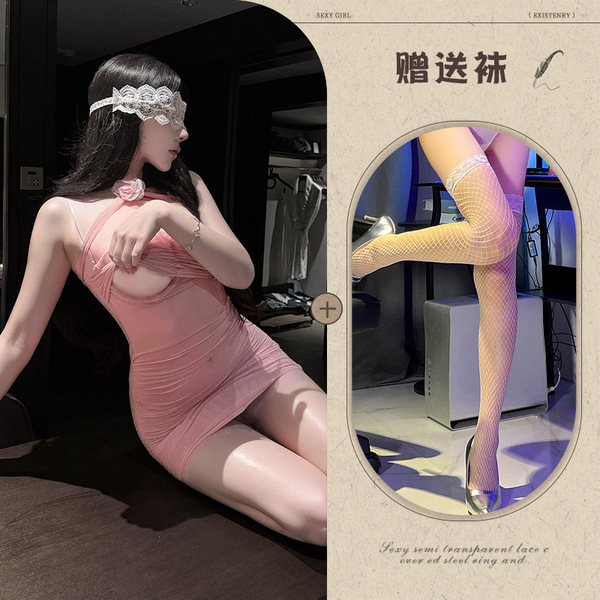 Mannyqing Pure-Yu Rose Mesh Bodycon Dress – Floral Sheer Lace Sleepwear Set for Women - Pink and white fishnet stockings