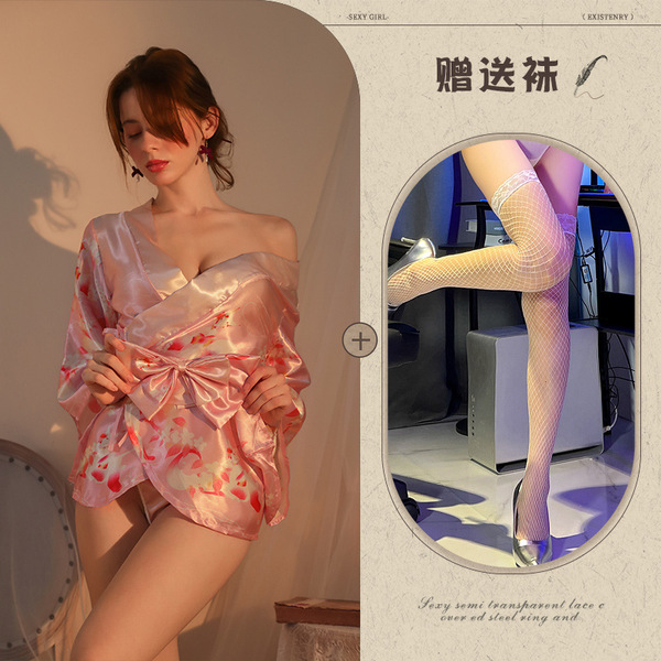 Purple Sensual Lounge Robe & Kimono Sleep Dress – Floral Fox Dream Open-Front Waist-Tied Japanese-Style Nightwear - Pink and white fishnet stockings