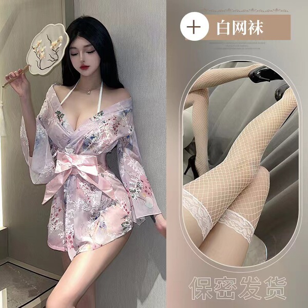 Japanese-Style Sexy Lace Kimono Robe Set - Sheer Chiffon 3-Piece Outfit with Floral Embroidery for Women - Light pink suit + white fishnet stockings