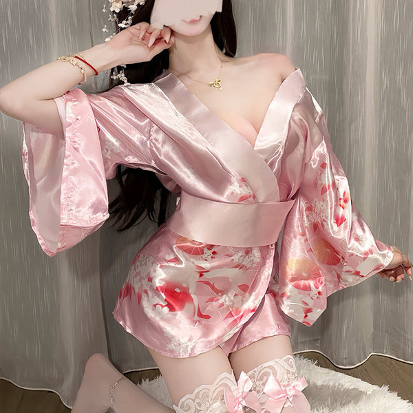 Yasu Sexy Deep-V Anime Kimono Lingerie Set - Japanese Style Pure & Tempting Sleepwear Outfit for Women - Pink and white fishnet stockings