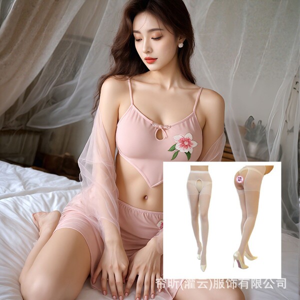 Chinese Chic Sensual Sleepwear Set - Sheer Kimono Robe & Hanfu-Inspired Bodysuit, Pure-Yu Style Lingerie - Pink and white open-crotch socks